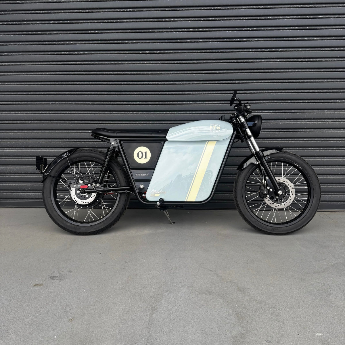 A Streetdog electric motorcycle parked in front of a garage roller door. The tank and side panels are baby blue and feature a cream stripe.